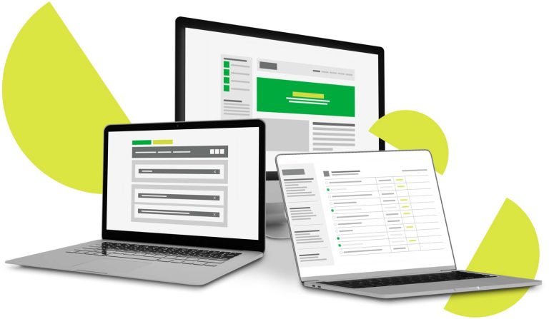 Desktop and laptop devices with screen mockup of websites and programs